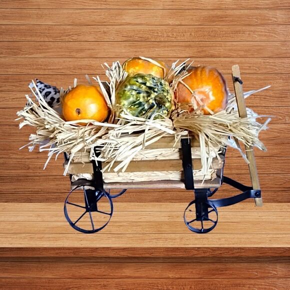 VINTAGE Wood & Metal  LARGE WAGON  True HAY PUMPKINS & GOURD Fall - Picture 1 of 10